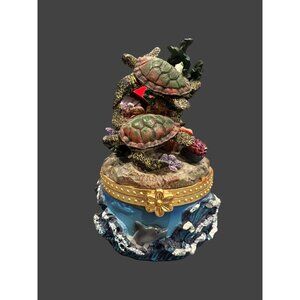 Sea Turtle & Dolphins Under The Sea Scene 4" Tall Hinged‎ Trinket Box Unbranded,